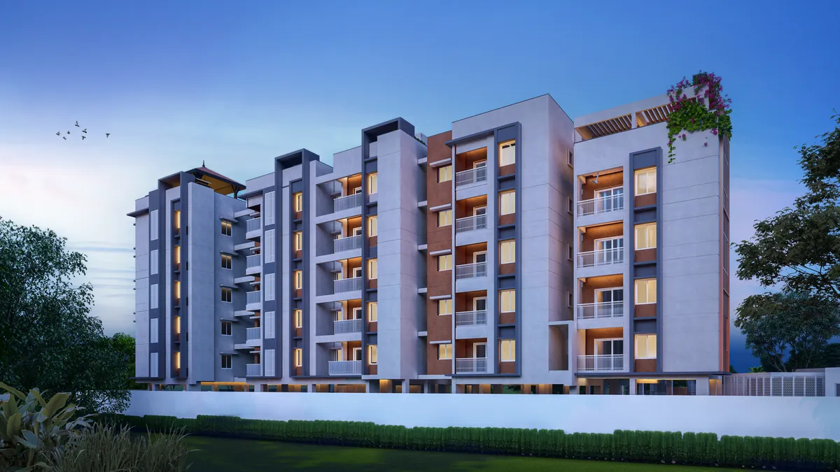 RLD Aura residential tower facade at dusk, Ayapakkam Chennai
