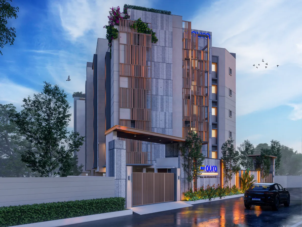 RLD Aura highrise apartments illuminated in the evening